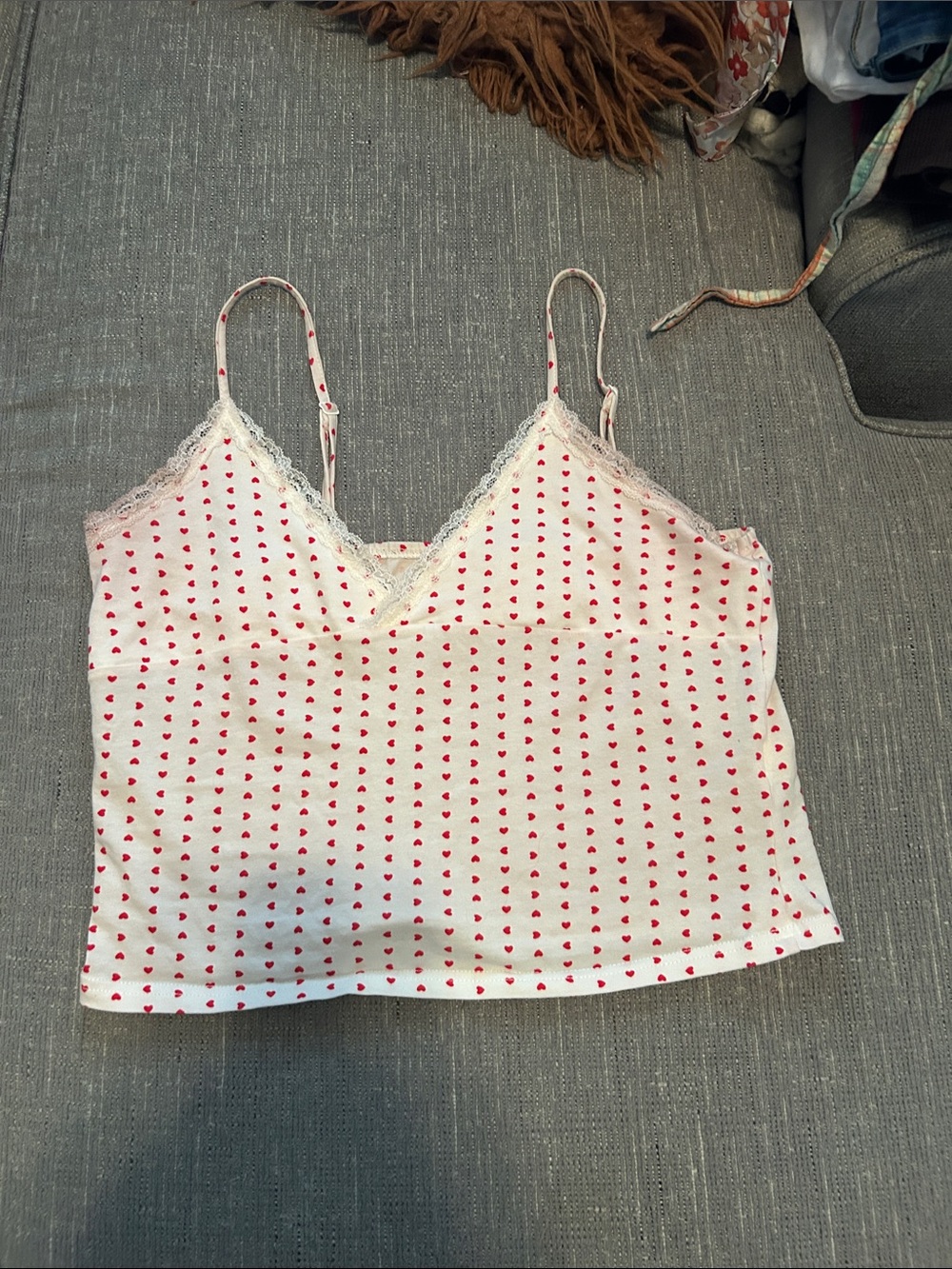 White Heart Print Lace Trim Cami Top